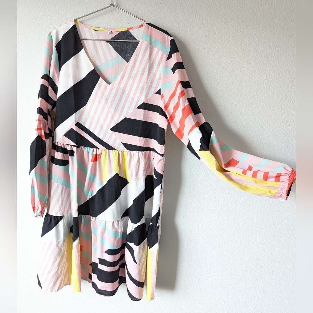 Fun Colorful Retro Colorblock Long Sleeve Ruffled Mini Dress